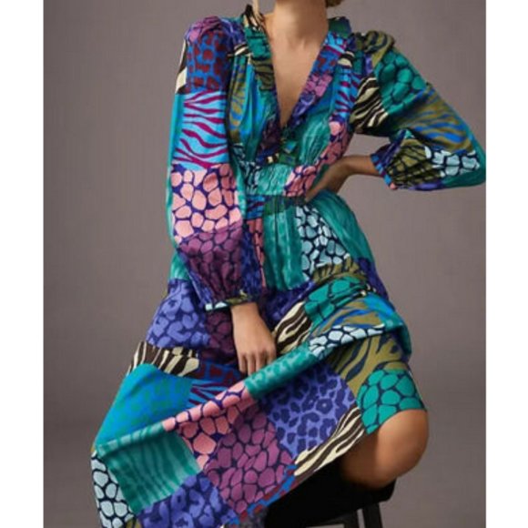 Anthropologie Geisha Designs L NWT Patchwork Maxi Dress Animal Print Long Sleeve - Picture 3 of 8